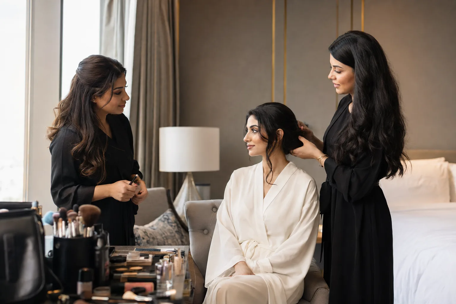 Bride consulting with female hair and makeup professionals before a UAE wedding