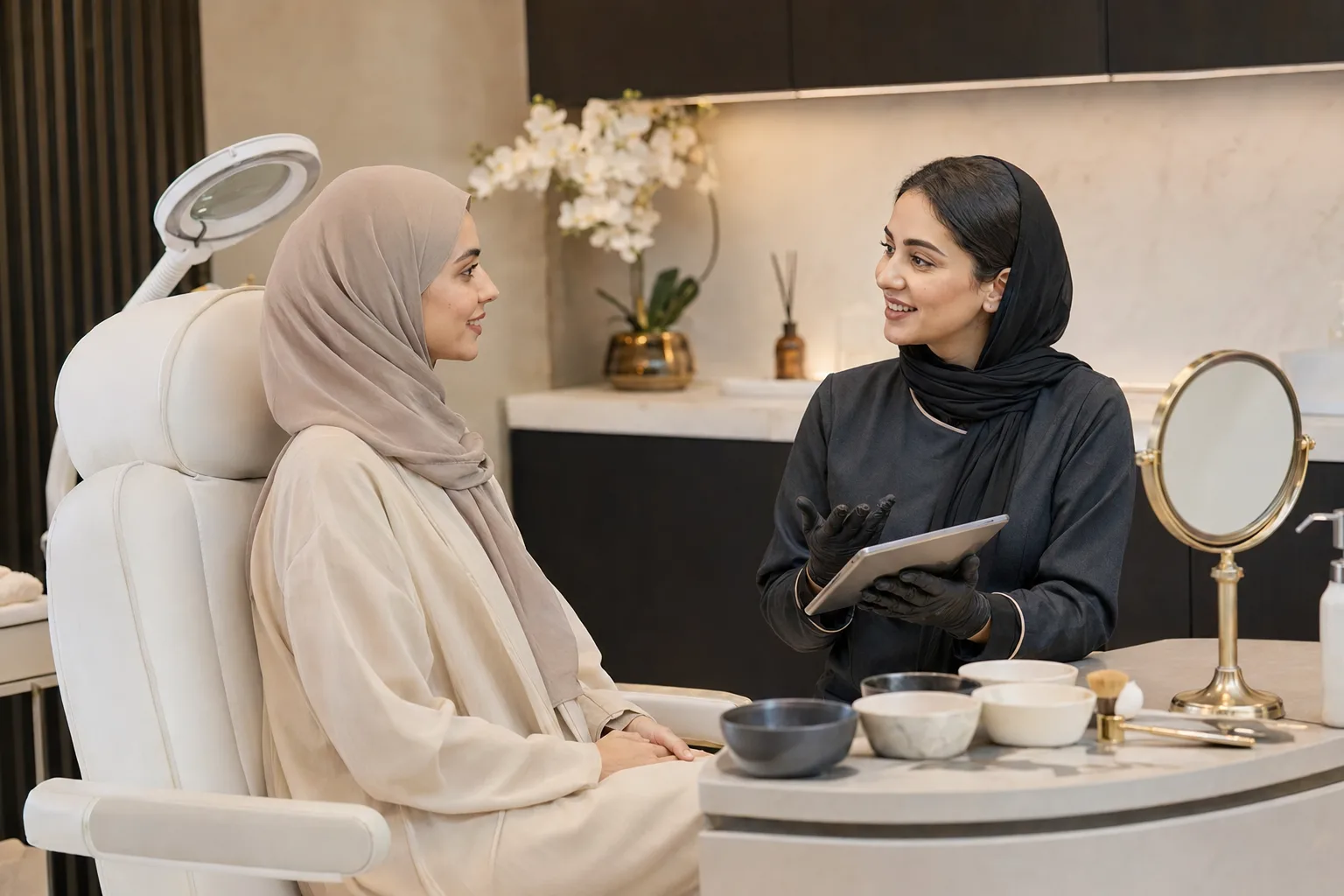 Woman discussing her skin goals with a facial professional at a Dubai ladies salon