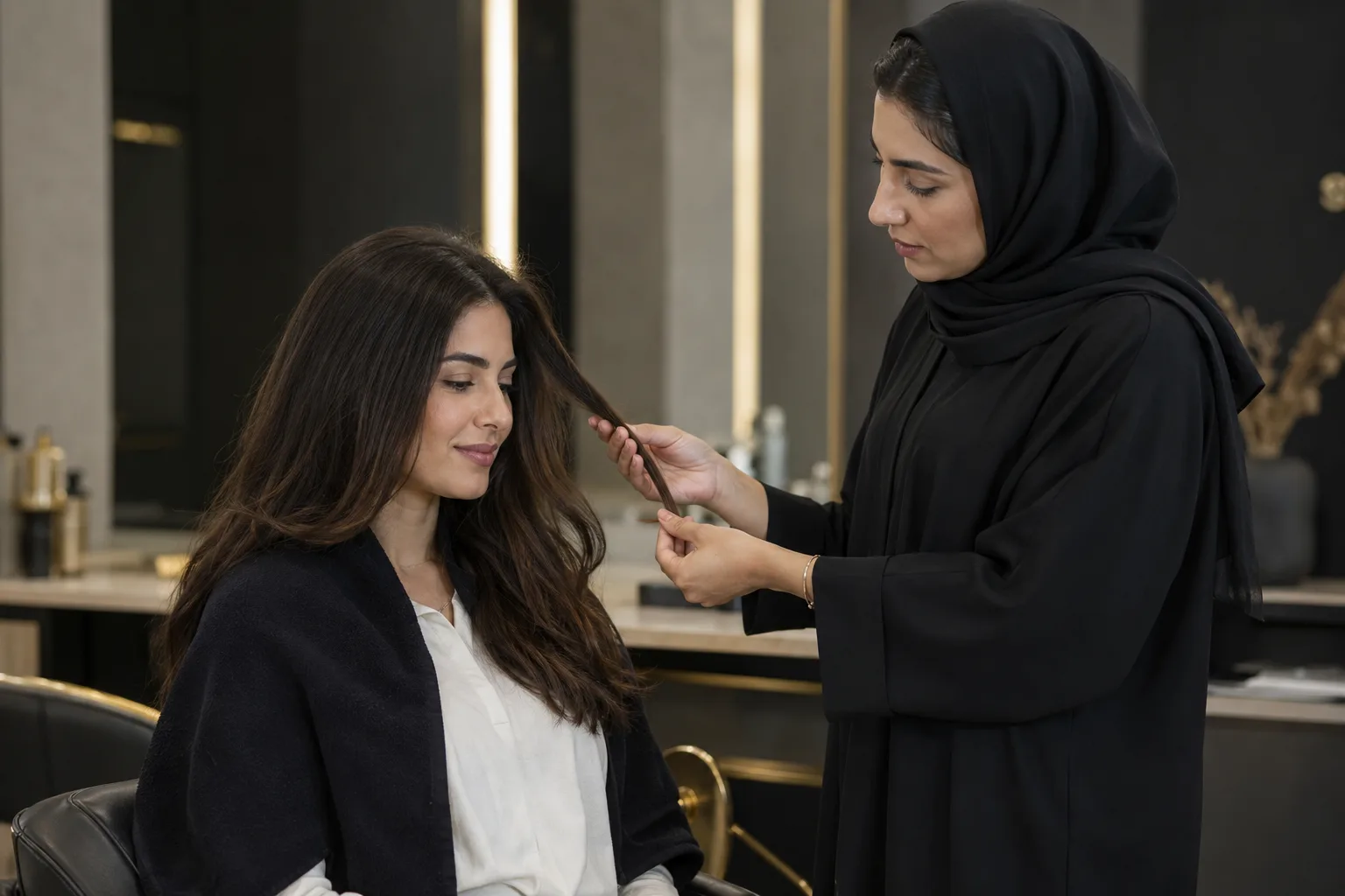 Female stylist examining a client's hair during a keratin consultation in a Dubai salon