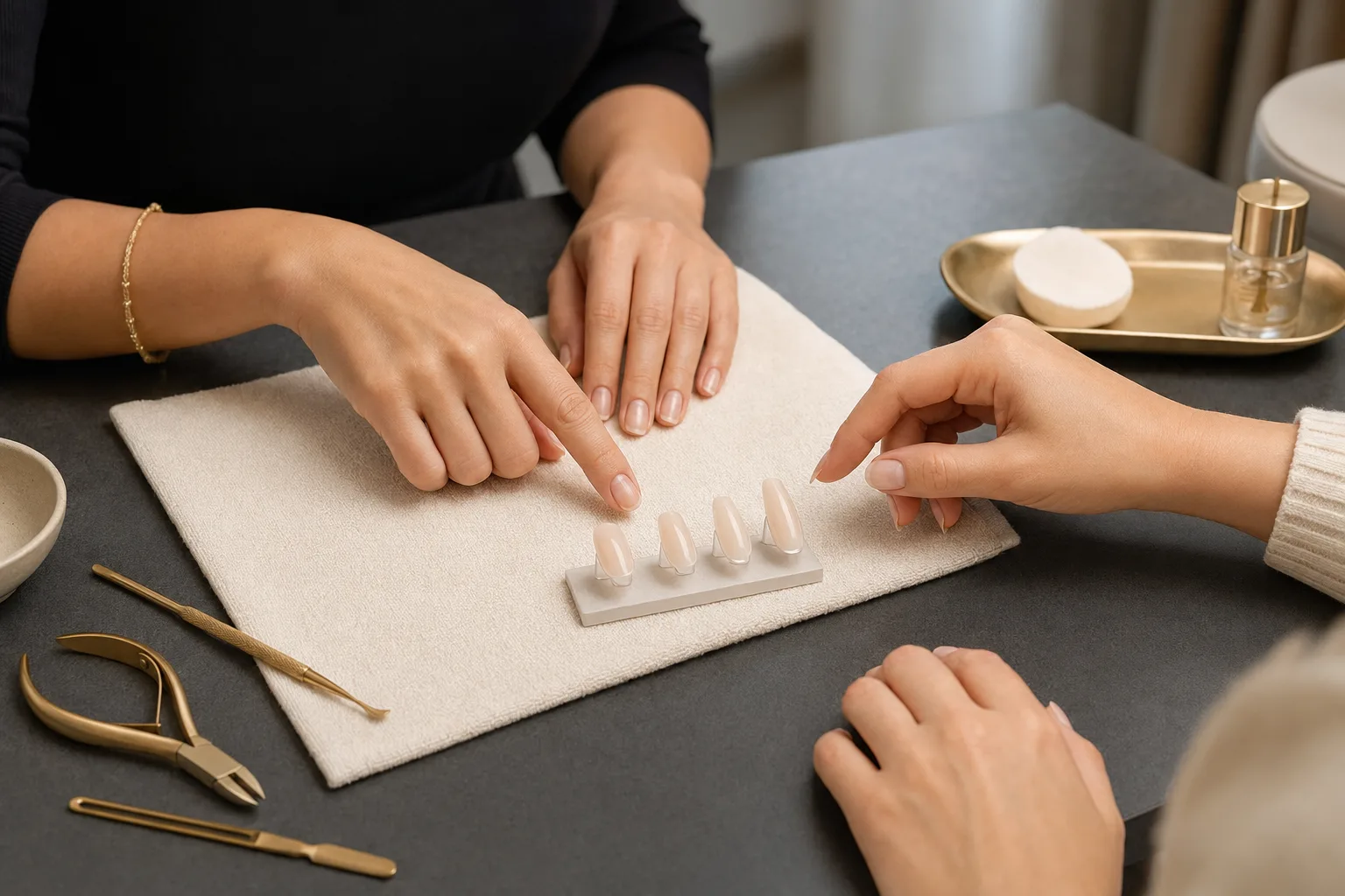 Client and nail technician comparing manicure and nail-extension options at a Dubai ladies salon